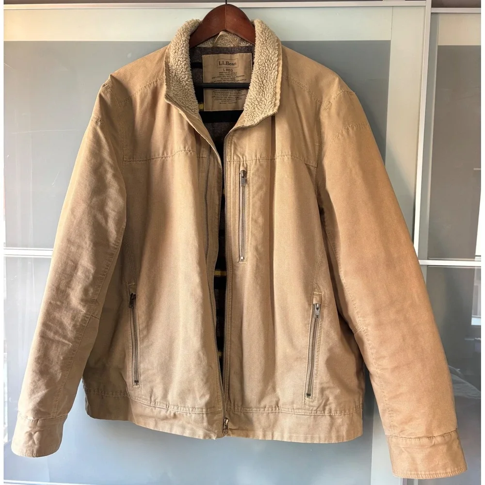 LL Bean Mens Pine Ridge Insulated Field Barn Jacket Chore Fleece Lined Tan Large